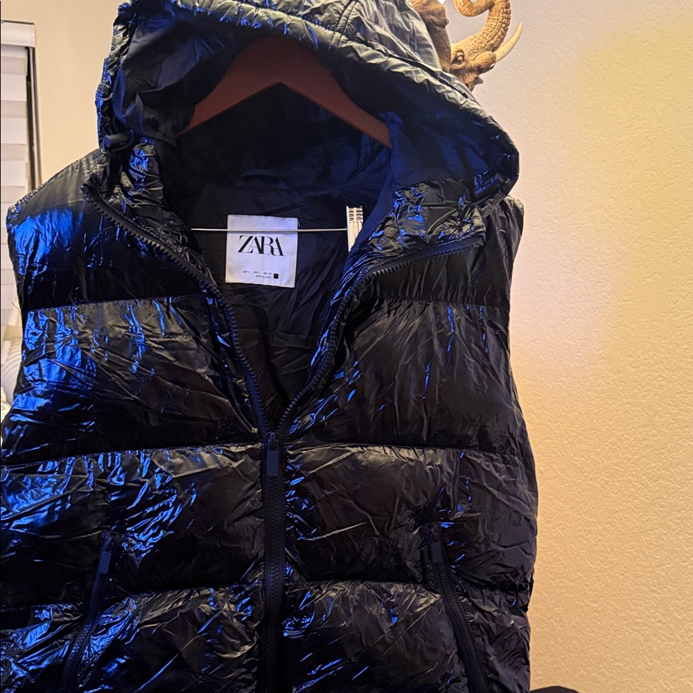 Zara Shiny Black Hooded Performance Jacket